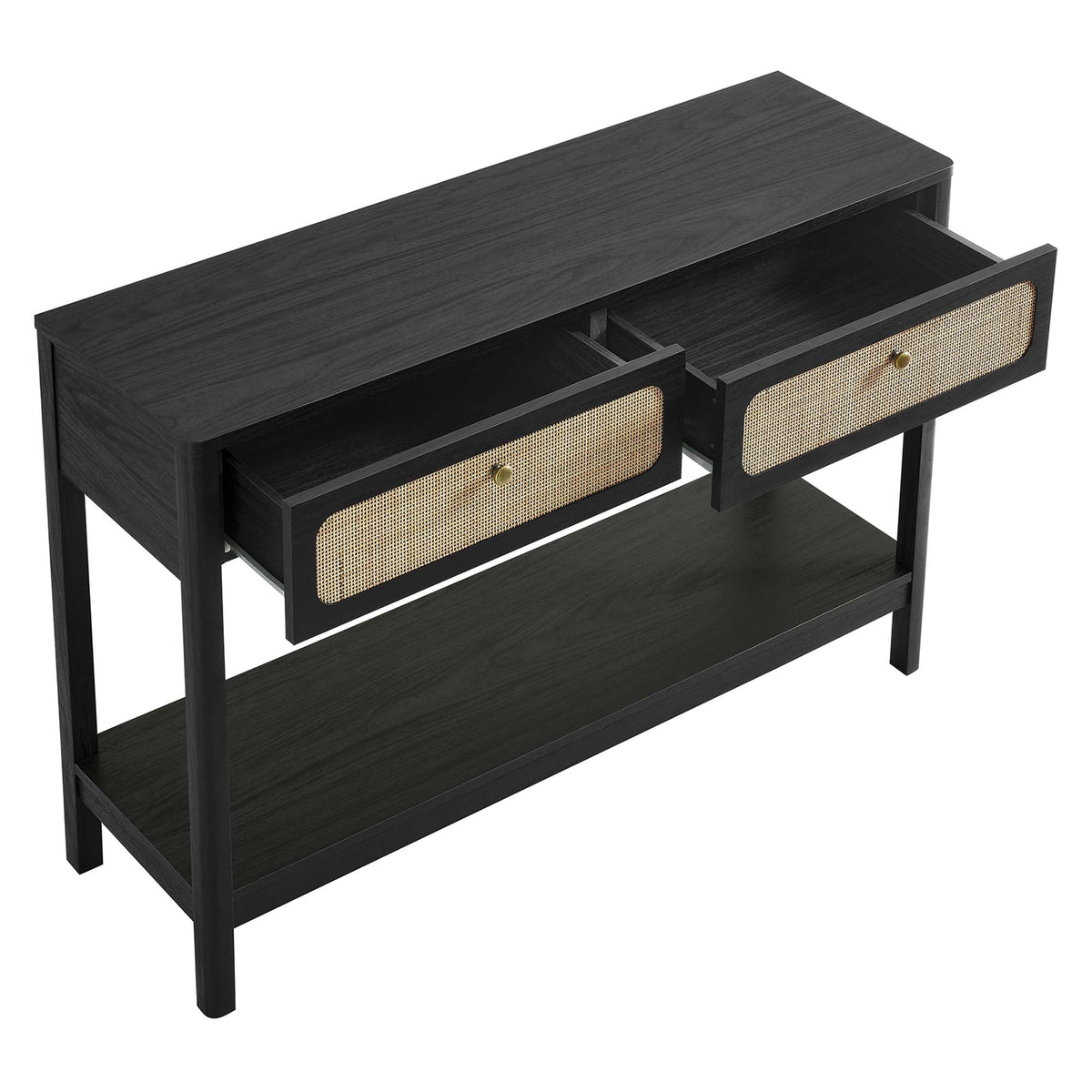 Chaucer Wood Entryway Console Table, black finish, cane-front drawers, Modway on Tampa Home & Garden Store
