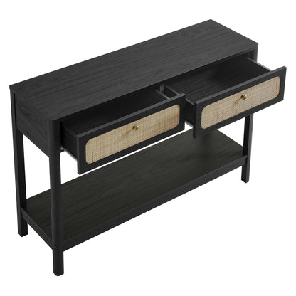 Chaucer Wood Entryway Console Table, black finish, cane-front drawers, Modway on Tampa Home & Garden Store