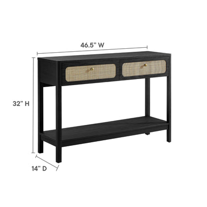 Chaucer Wood Entryway Console Table in black wood with 2 cane-front drawers 46.5W x 32H x 14D on Tampa Home & Garden Store