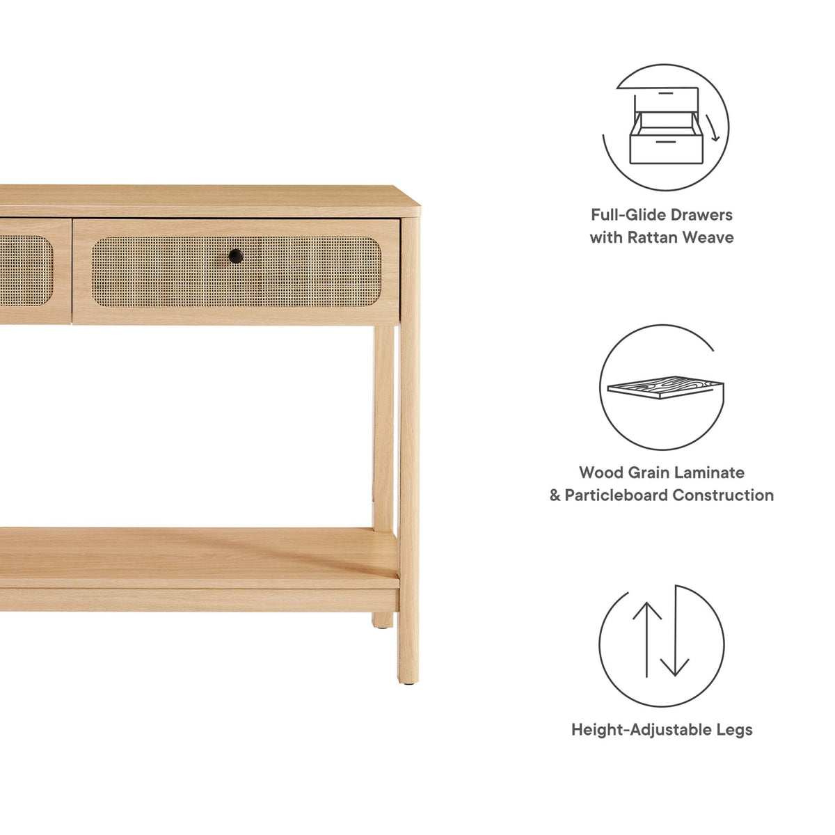 Chaucer Wood Entryway Console Table by Modway with light wood finish and rattan-front drawers on Tampa Home & Garden Store