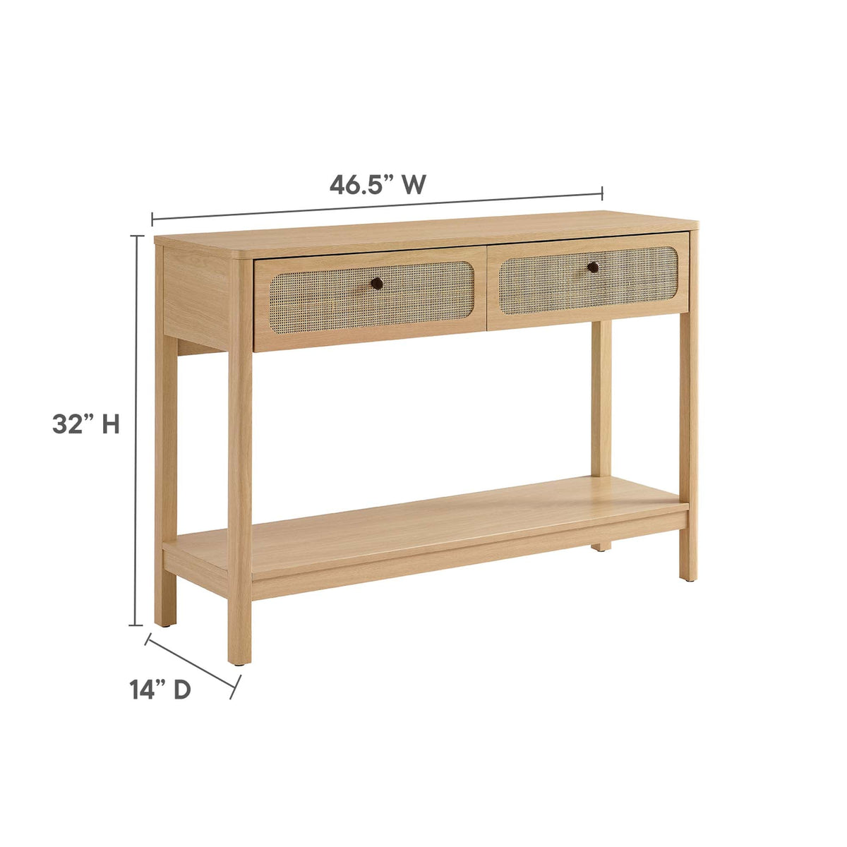 Chaucer Wood Entryway Console Table natural oak with cane-front drawers 46.5W x 32H x 14D on Tampa Home & Garden Store