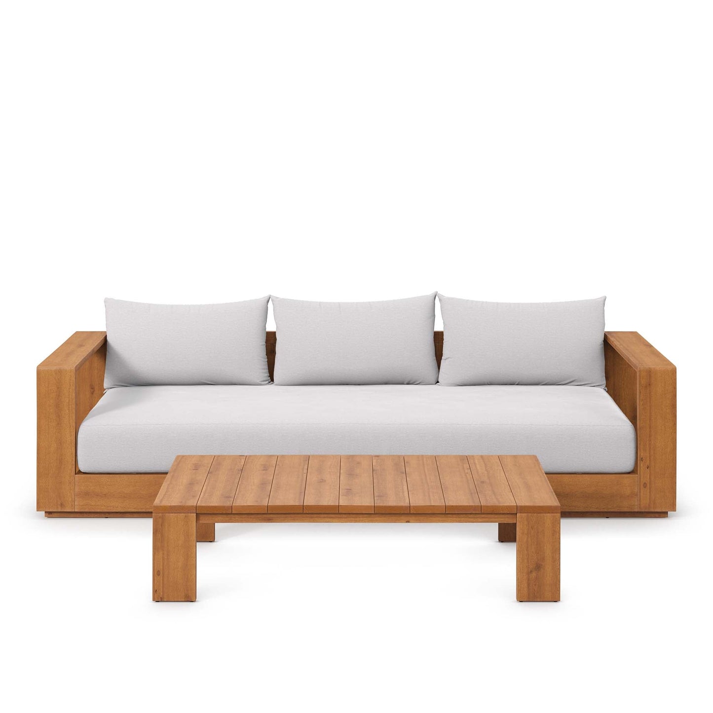 Tahoe 2-Piece Outdoor Acacia Wood Sofa & Coffee Table with gray cushions by HouseOfZazla on Tampa Home & Garden Store