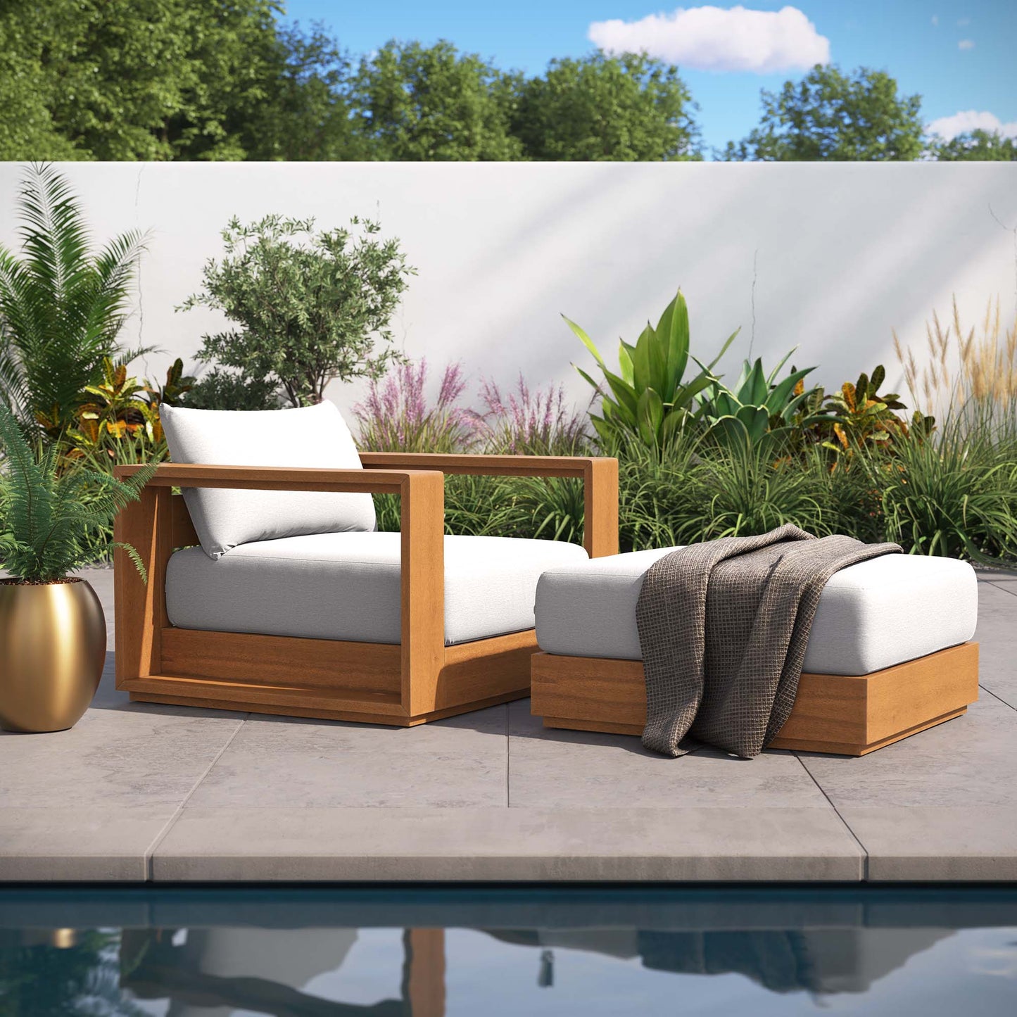 Tahoe Outdoor Acacia Wood Armchair and Ottoman