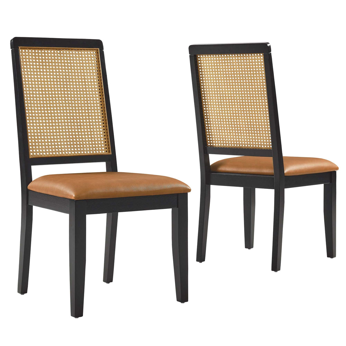 Arlo vegan leather dining chairs set of 2, black wood frame with caned rattan backs on Tampa Home & Garden Store