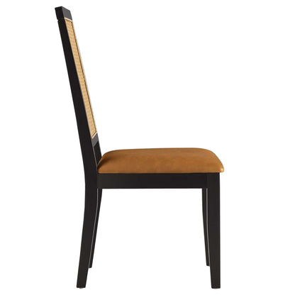 Arlo vegan leather side chair, tan seat with faux rattan back and black wood legs on Tampa Home & Garden Store