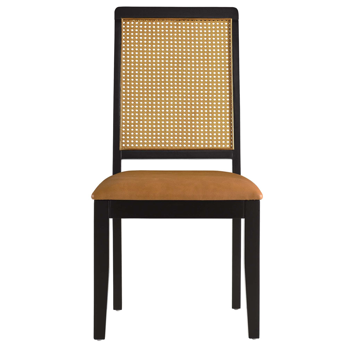Arlo vegan leather upholstered chair with faux rattan back and wood frame, tan seat set of 2 on Tampa Home & Garden Store