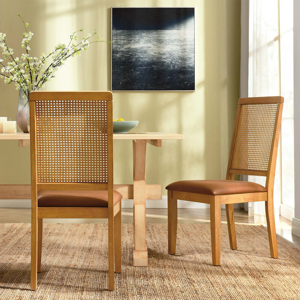 Arlo vegan leather dining chairs with faux rattan caned backs and wood frames set of 2 on Tampa Home & Garden Store