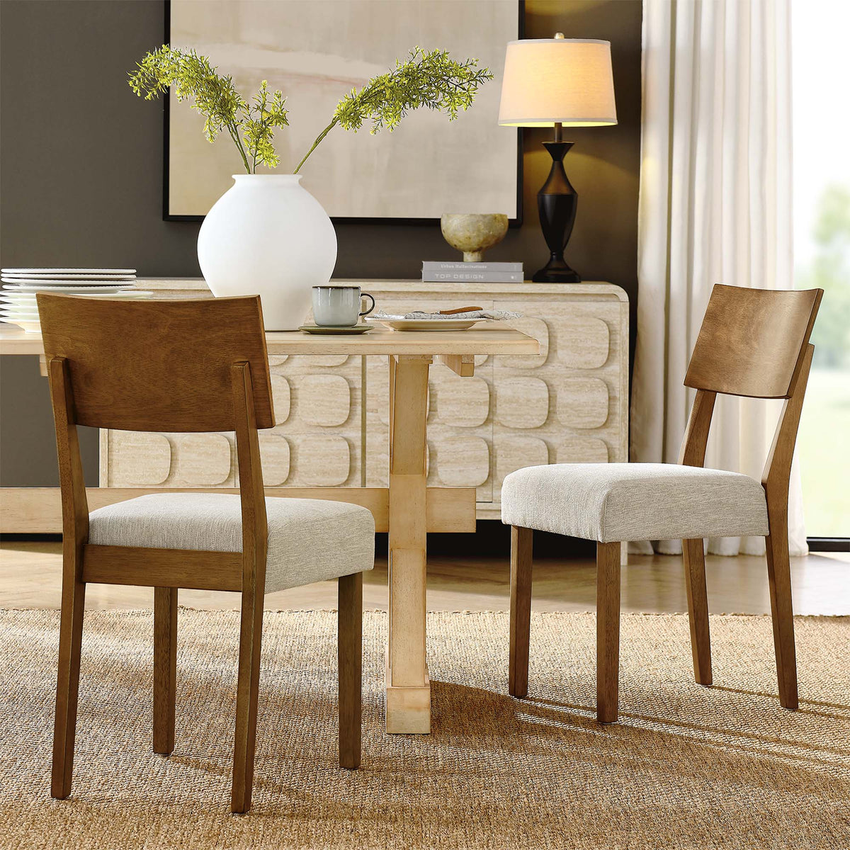 Pax Wood Dining Side Chairs set of 2 with light beige fabric upholstery and solid wood legs on Tampa Home & Garden Store