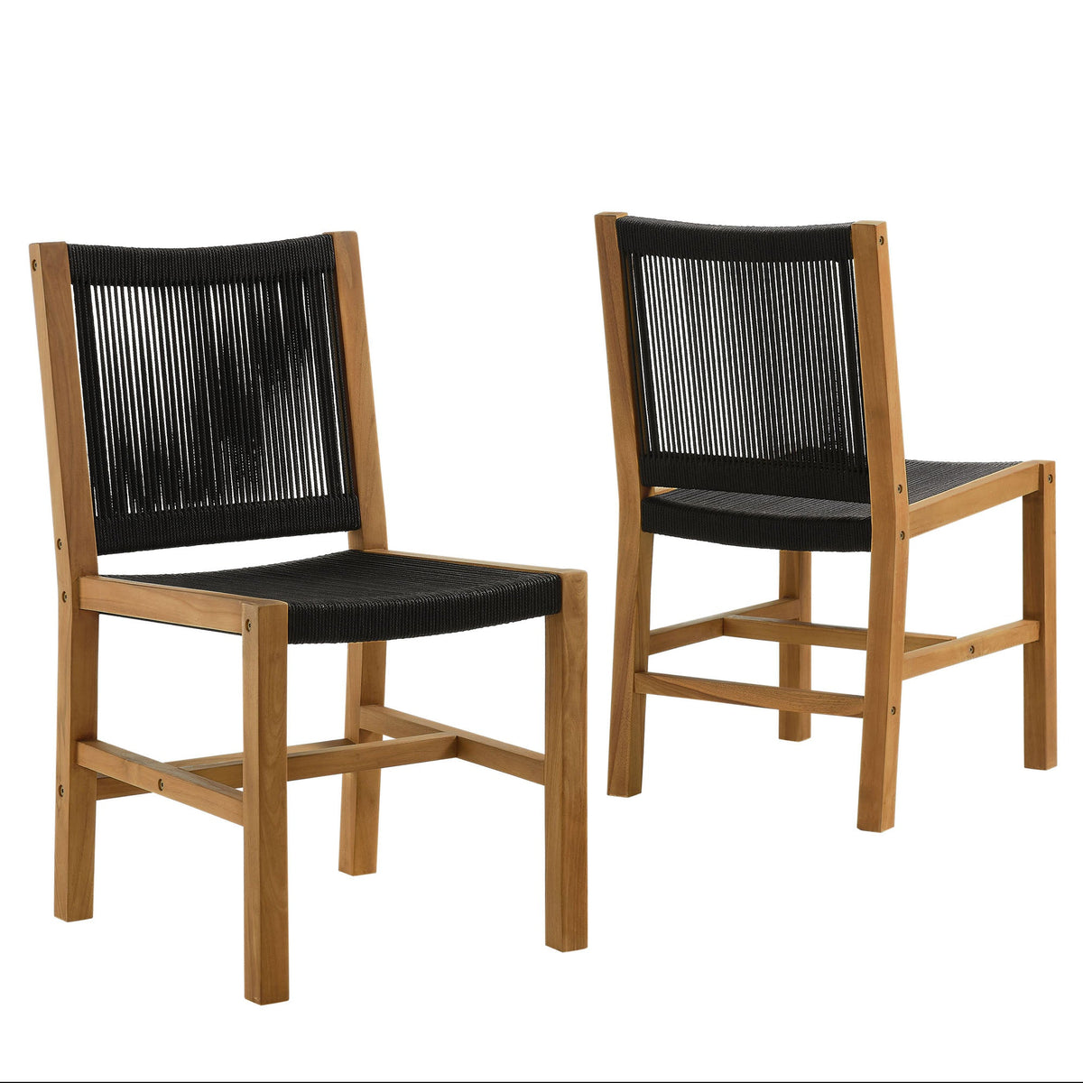 Vienna outdoor teak and rope armless dining chairs set of 2 by Modway with black woven seats on Tampa Home & Garden Store