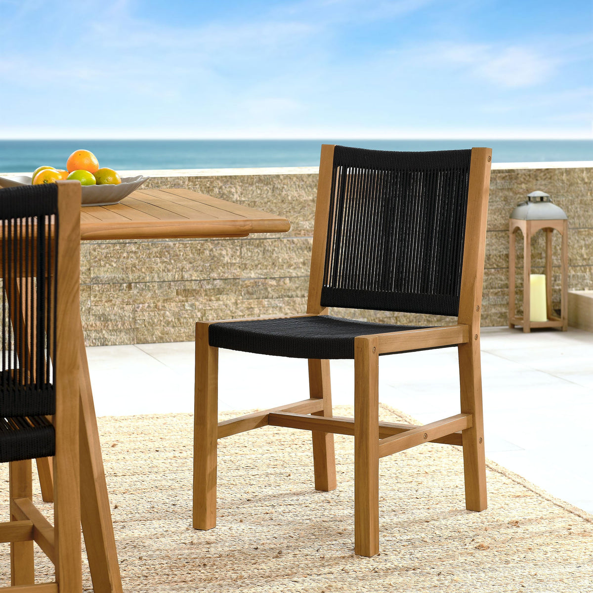 Vienna outdoor teak and rope armless dining chairs set of 2 by Modway with black rope weave on Tampa Home & Garden Store