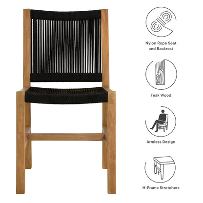 Vienna outdoor teak rope armless dining chairs set of 2, nylon rope seat and backrest on Tampa Home & Garden Store