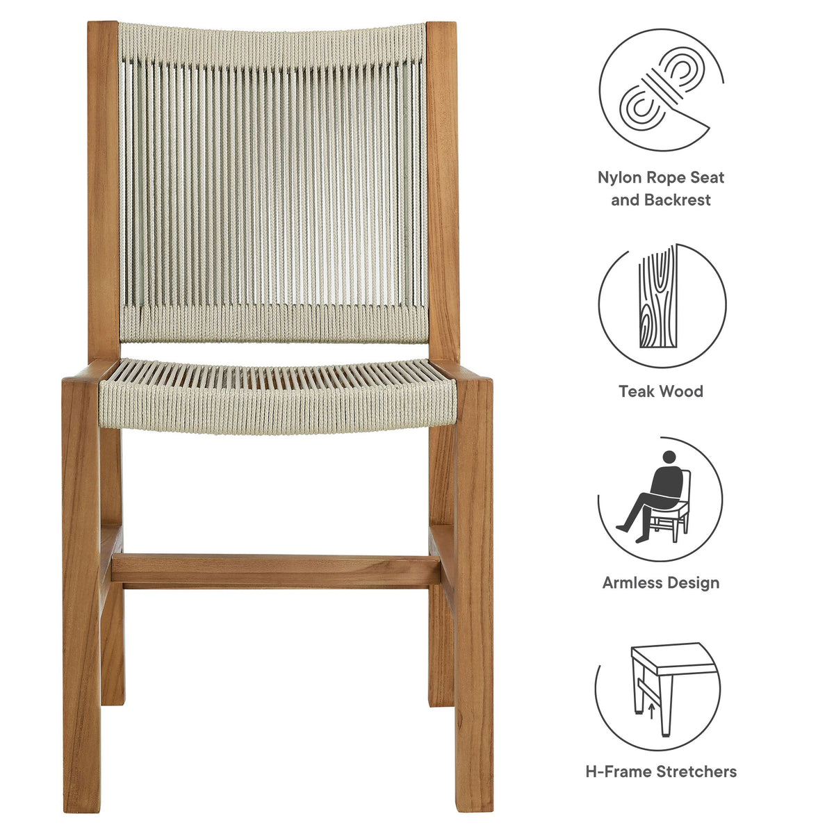 Vienna outdoor teak and rope armless dining chair by Modway nylon rope seat and backrest on Tampa Home & Garden Store