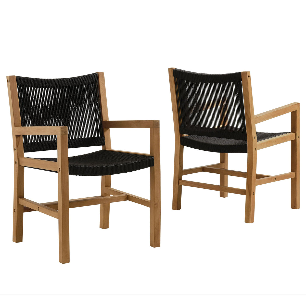 Vienna outdoor teak and rope dining armchairs, set of 2, black rope weave, wood frames on Tampa Home & Garden Store