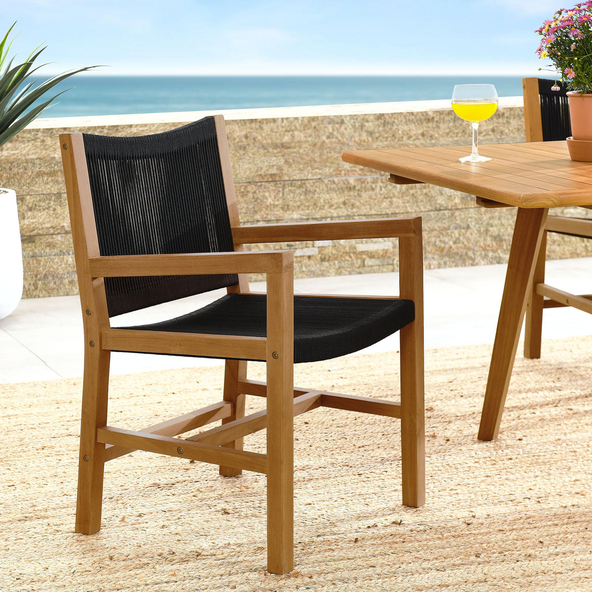 Vienna outdoor teak and rope dining armchairs pair Modway with black rope seating and teak frames on Tampa Home & Garden Store