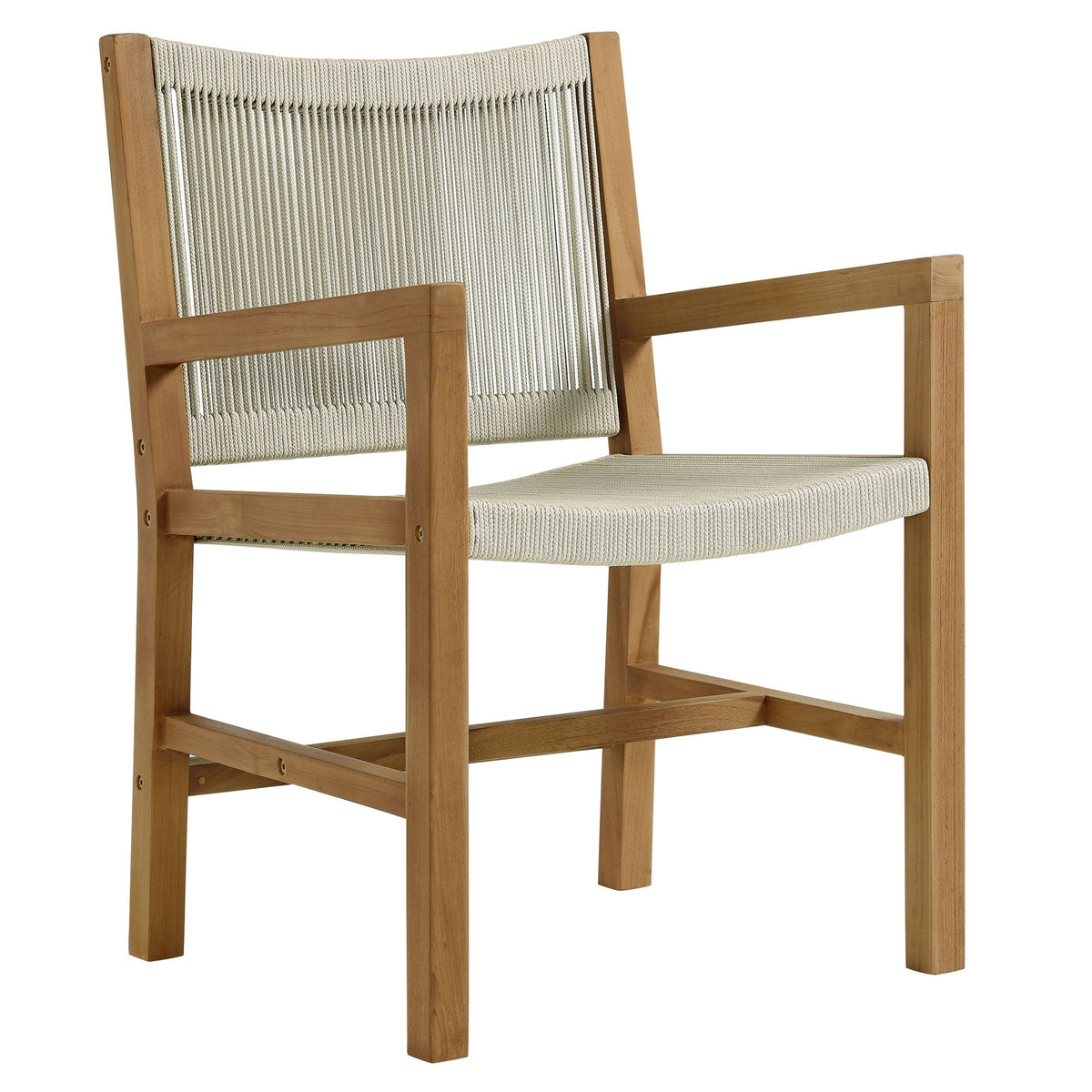 Vienna outdoor teak rope dining armchair by Modway, natural wood frame and beige woven seating on Tampa Home & Garden Store