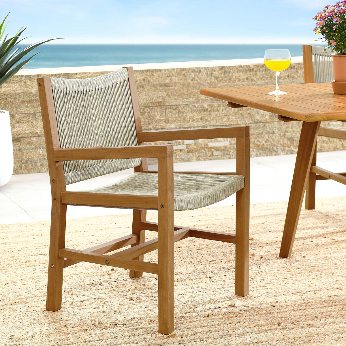 Vienna outdoor teak and rope dining armchairs set of 2 by Modway with natural wood frames on Tampa Home & Garden Store