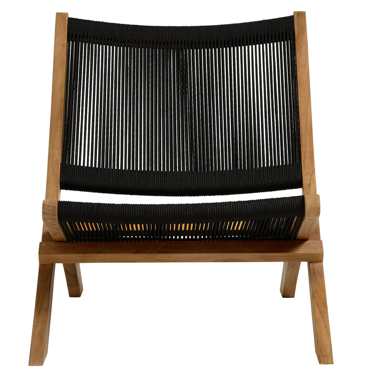 Vienna teak rope folding lounge chair and ottoman set, black woven rope, natural teak frame on Tampa Home & Garden Store