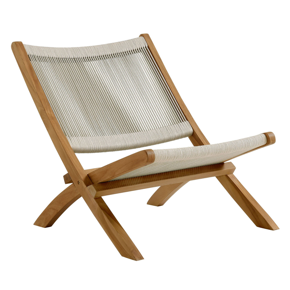 Vienna 2-piece outdoor teak rope folding lounge chair and ottoman with cream rope weave on Tampa Home & Garden Store