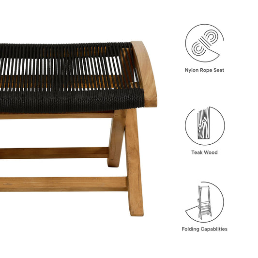 Vienna outdoor teak rope folding ottoman by Modway, black nylon rope seat and teak wood frame on Tampa Home & Garden Store