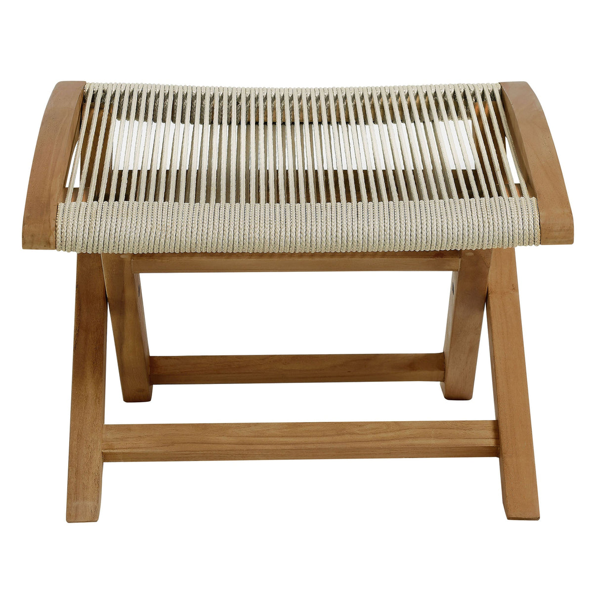 Vienna 2-Piece Outdoor Teak Rope Folding Lounge Chair and Ottoman Set with teak frame and beige rope weave on Tampa Home & Garden Store
