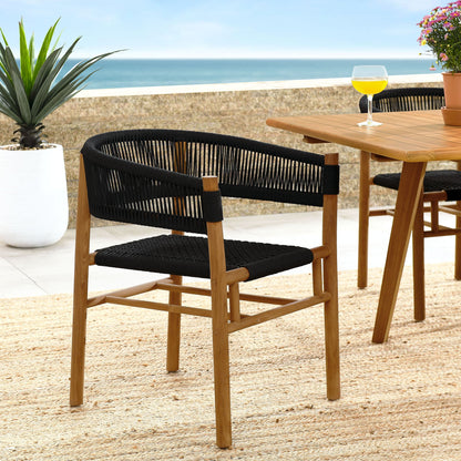 Vienna Outdoor Patio Teak and Rope Dining Armchairs set of 2; natural teak with black rope weave on Tampa Home & Garden Store