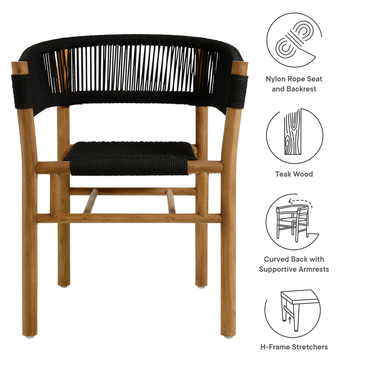 Vienna outdoor teak rope curved-back dining armchairs set of 2 by Modway with black nylon rope seat on Tampa Home & Garden Store