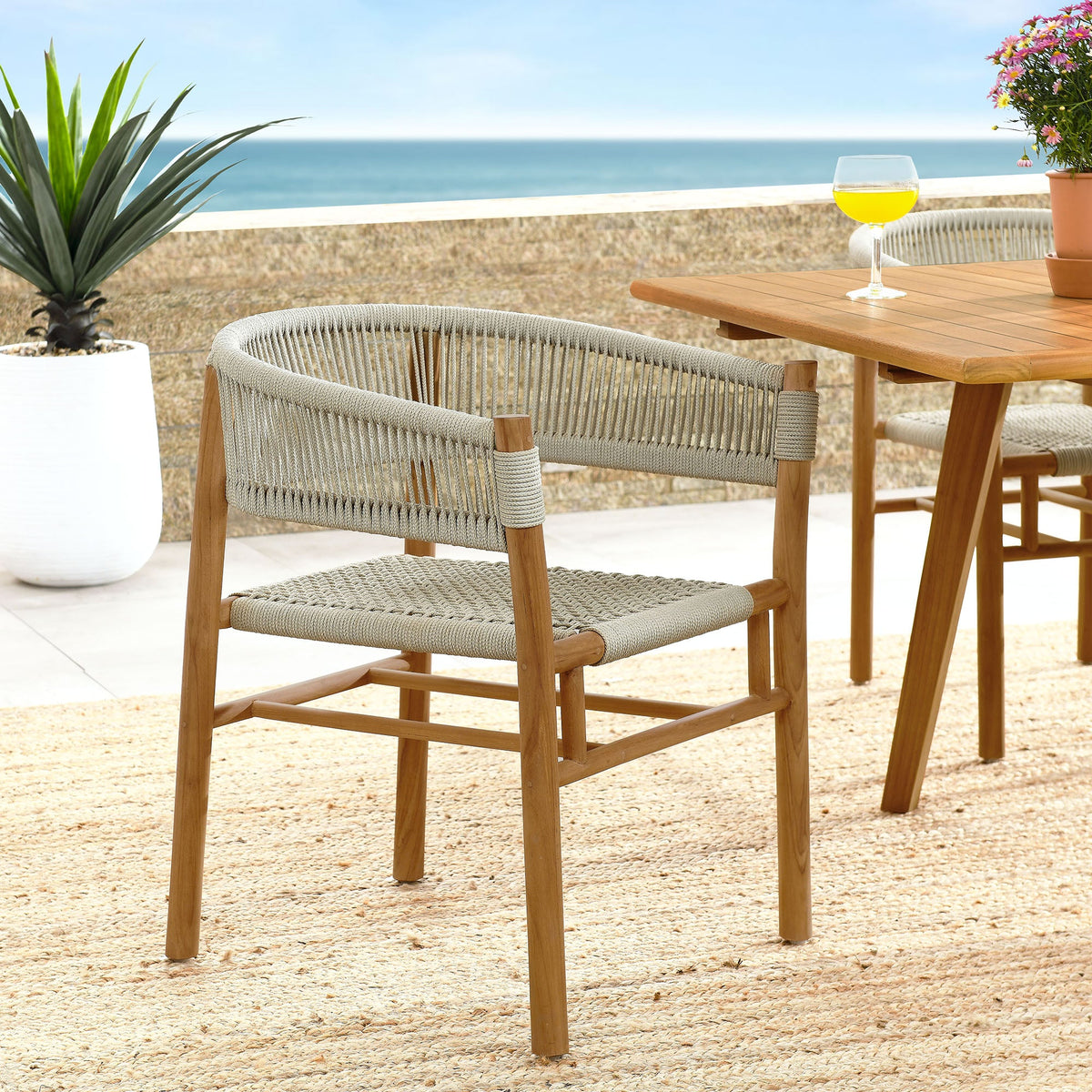 Vienna teak rope curved-back dining armchairs set of 2 with wooden table by Modway on Tampa Home & Garden Store