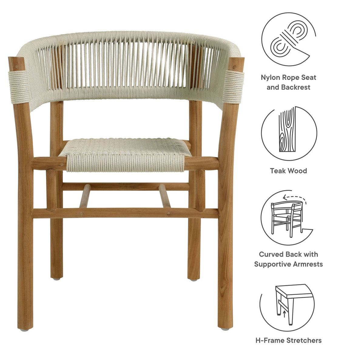 Vienna outdoor teak rope curved-back dining armchairs set of 2 by Modway, natural rope weave on Tampa Home & Garden Store