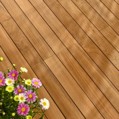Teak wood outdoor deck planks with a colorful flower bouquet in the bottom-left corner on Tampa Home & Garden Store
