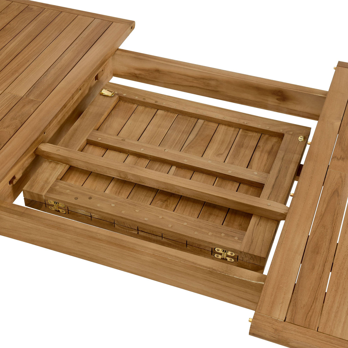 Vienna outdoor teak wood extendable dining table by Modway, slat-top with brass hardware on Tampa Home & Garden Store