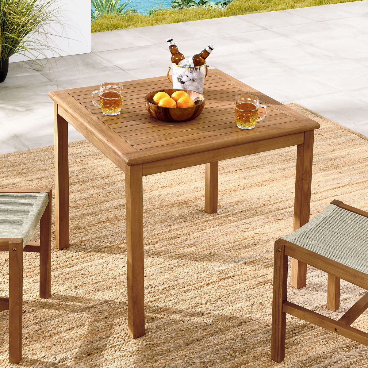Vienna 34in square teak dining table by Modway with slatted top and beer bucket on Tampa Home & Garden Store