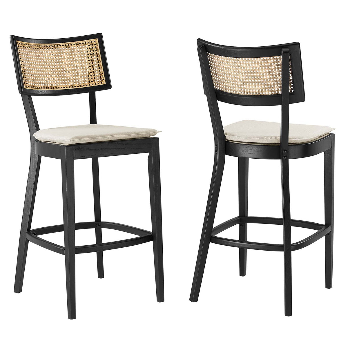 Caledonia Wood Bar Stools set of 2, black frames with caned back and beige cushions by Modway on Tampa Home & Garden Store