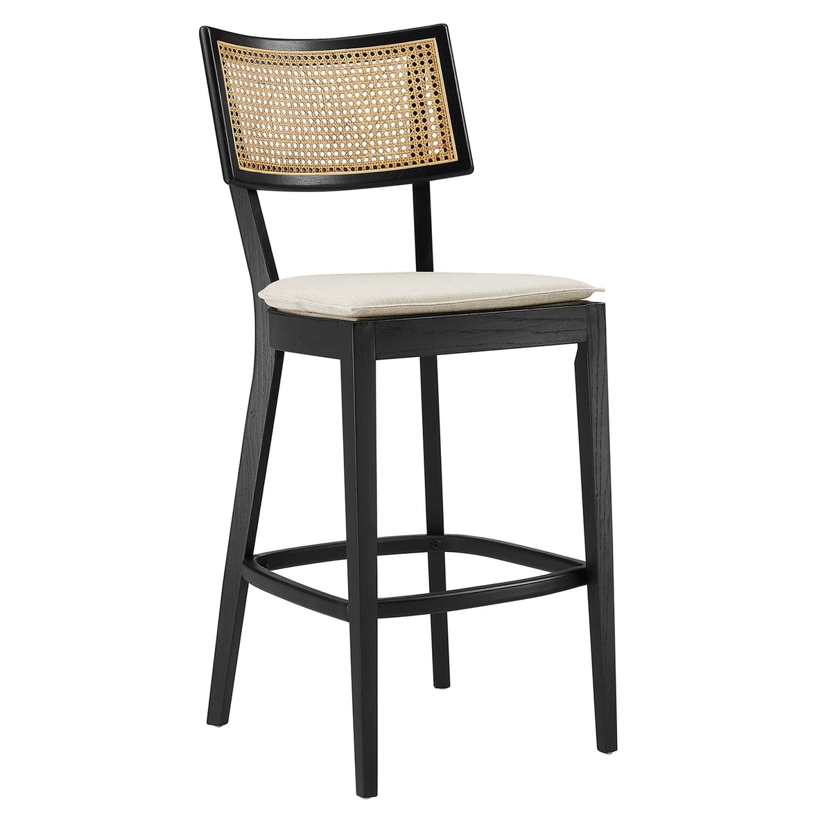 Caledonia wood bar stool with black frame, woven cane back and beige seat cushion on Tampa Home & Garden Store