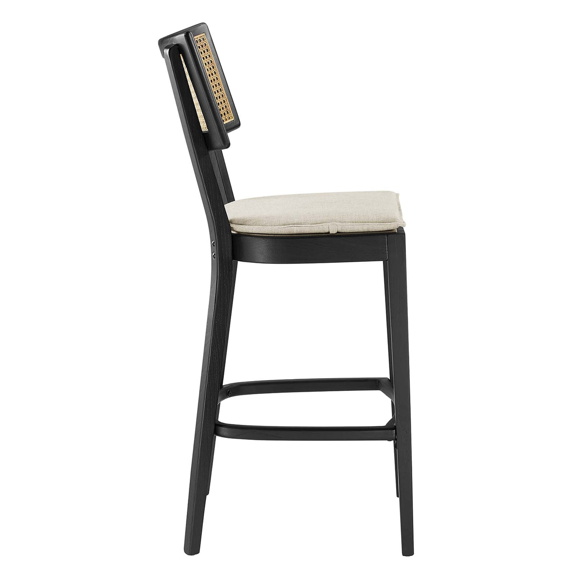 Caledonia Wood Bar Stools Set of 2 by Modway, black frames with cane back and beige cushions on Tampa Home & Garden Store