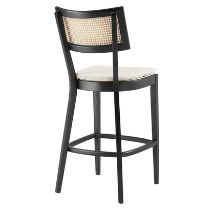 Caledonia Wood Bar Stools set of 2, black wood frame with caned back and beige cushion on Tampa Home & Garden Store