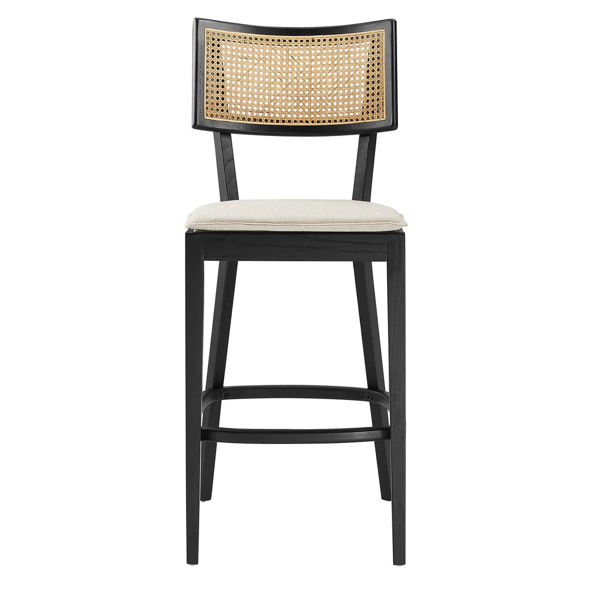 Caledonia wood bar stool, set of 2, Modway, black frame, caned back, beige cushion on Tampa Home & Garden Store