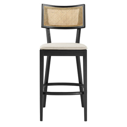 Caledonia wood bar stool, set of 2, Modway, black frame, caned back, beige cushion on Tampa Home & Garden Store