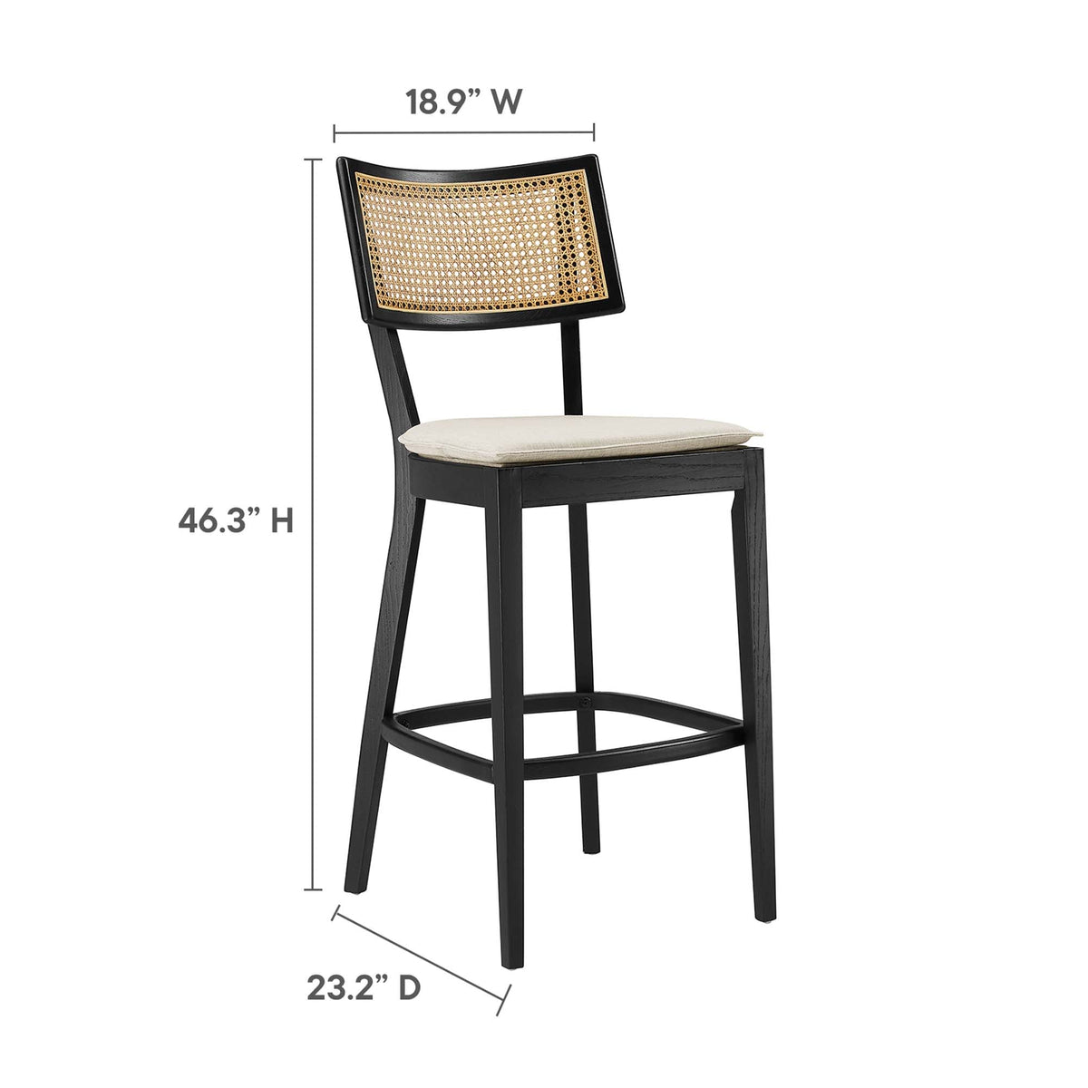 Modway Caledonia Wood Bar Stool set of 2 with black frame, cane back, and beige cushion on Tampa Home & Garden Store