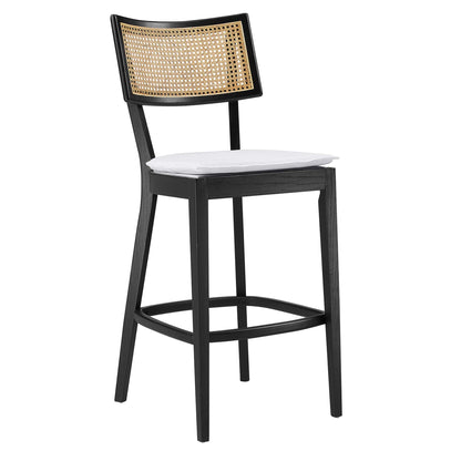 Caledonia Wood Bar Stool with black frame and caned back, white cushion on Tampa Home & Garden Store