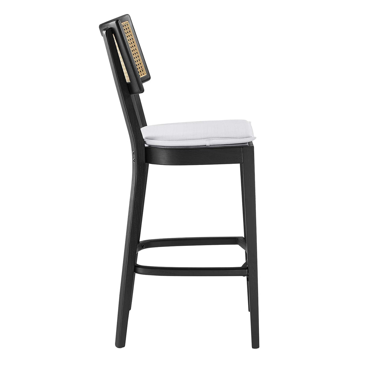 Caledonia wood bar stools set of 2, black frame with cane back and white cushions on Tampa Home & Garden Store