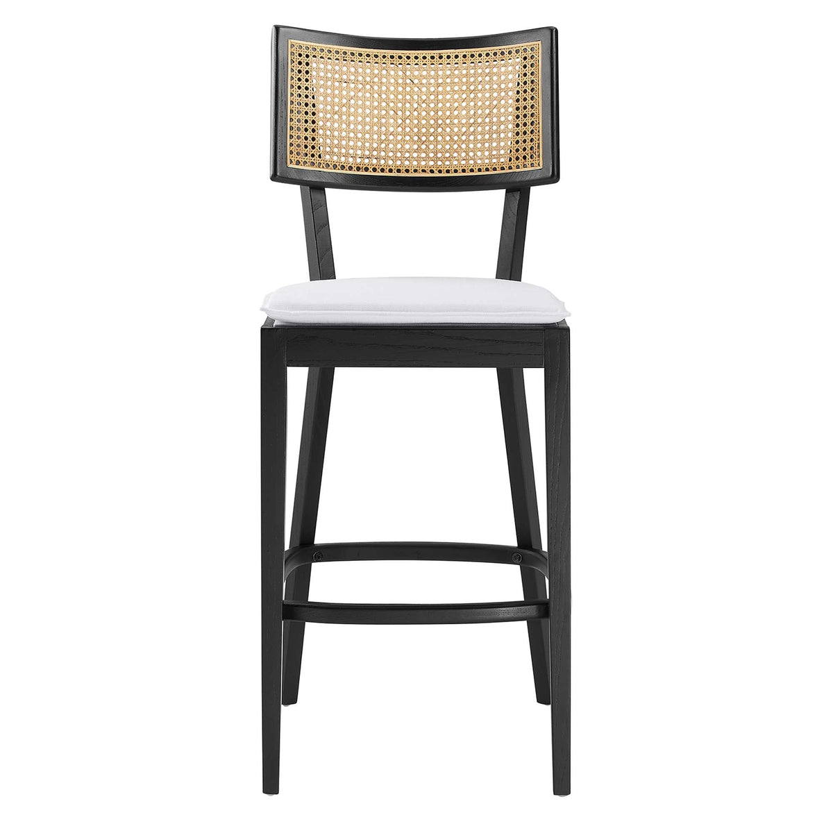 Caledonia wood bar stool with black frame, caned back, and white padded seat by HouseOfZazla on Tampa Home & Garden Store