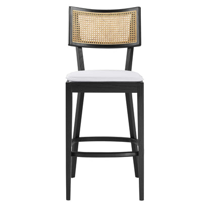 Caledonia wood bar stool with black frame, caned back, and white padded seat by HouseOfZazla on Tampa Home & Garden Store