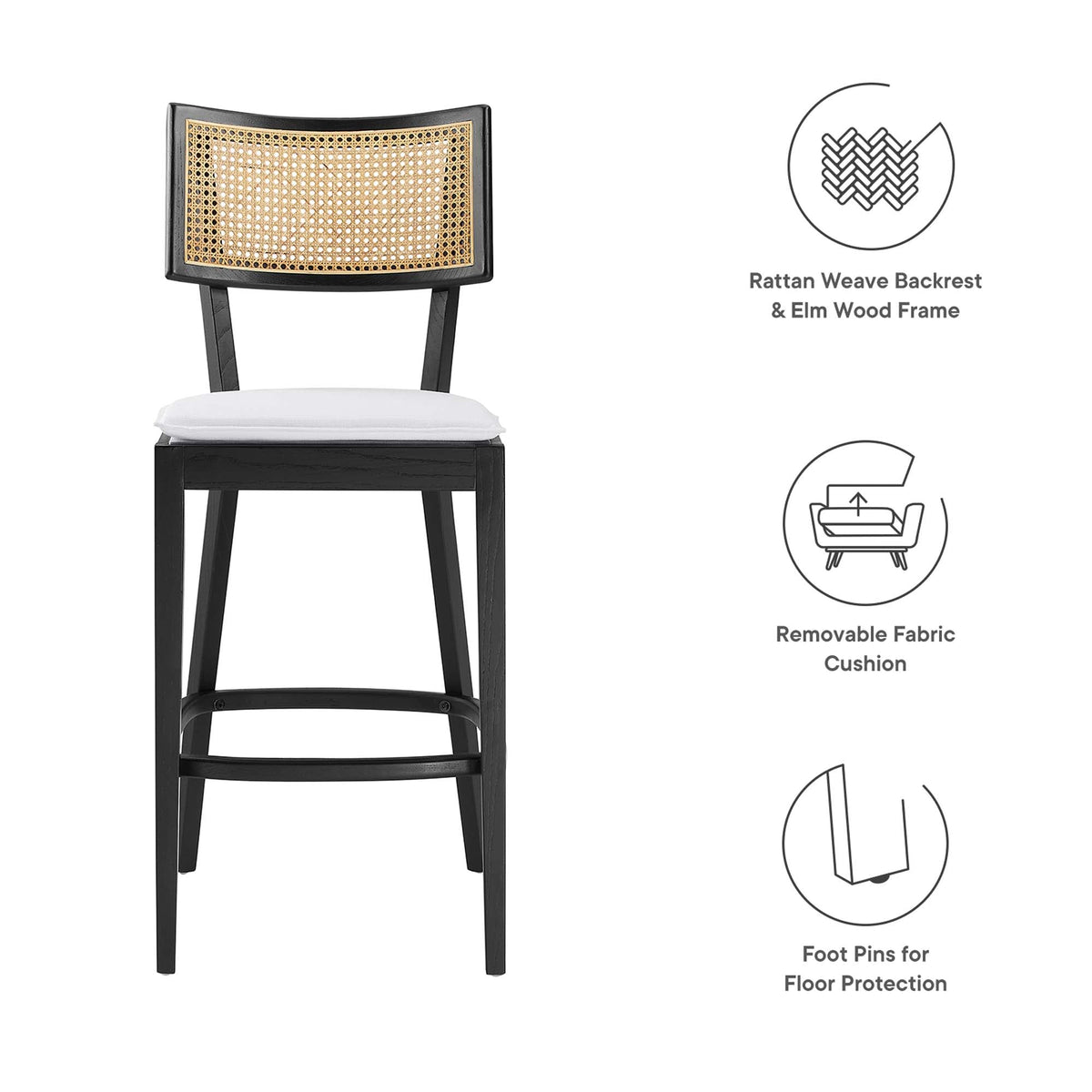 Caledonia Wood Bar Stools set of 2, black elm frame and rattan backrest with removable cushions on Tampa Home & Garden Store