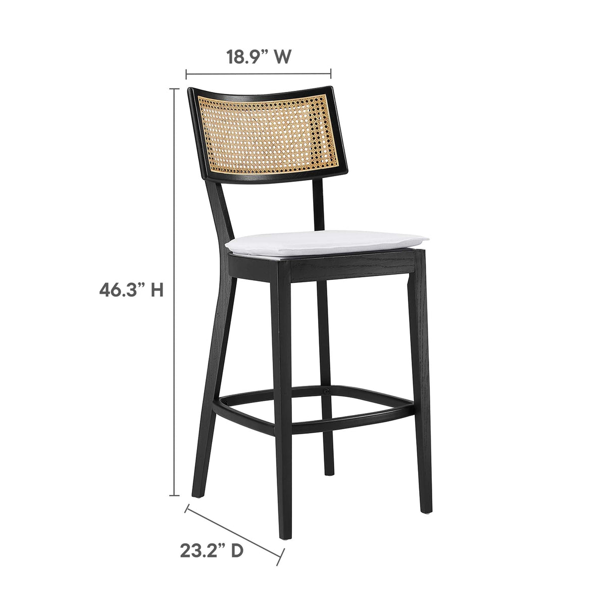 Caledonia Wood Bar Stools set of 2 black wood frame with cane back and white cushion by Modway on Tampa Home & Garden Store