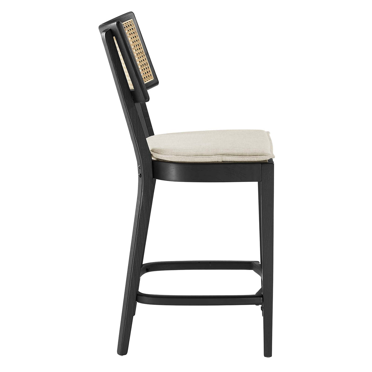 Caledonia wood counter stool by Modway with black frame, woven cane back, beige cushion on Tampa Home & Garden Store