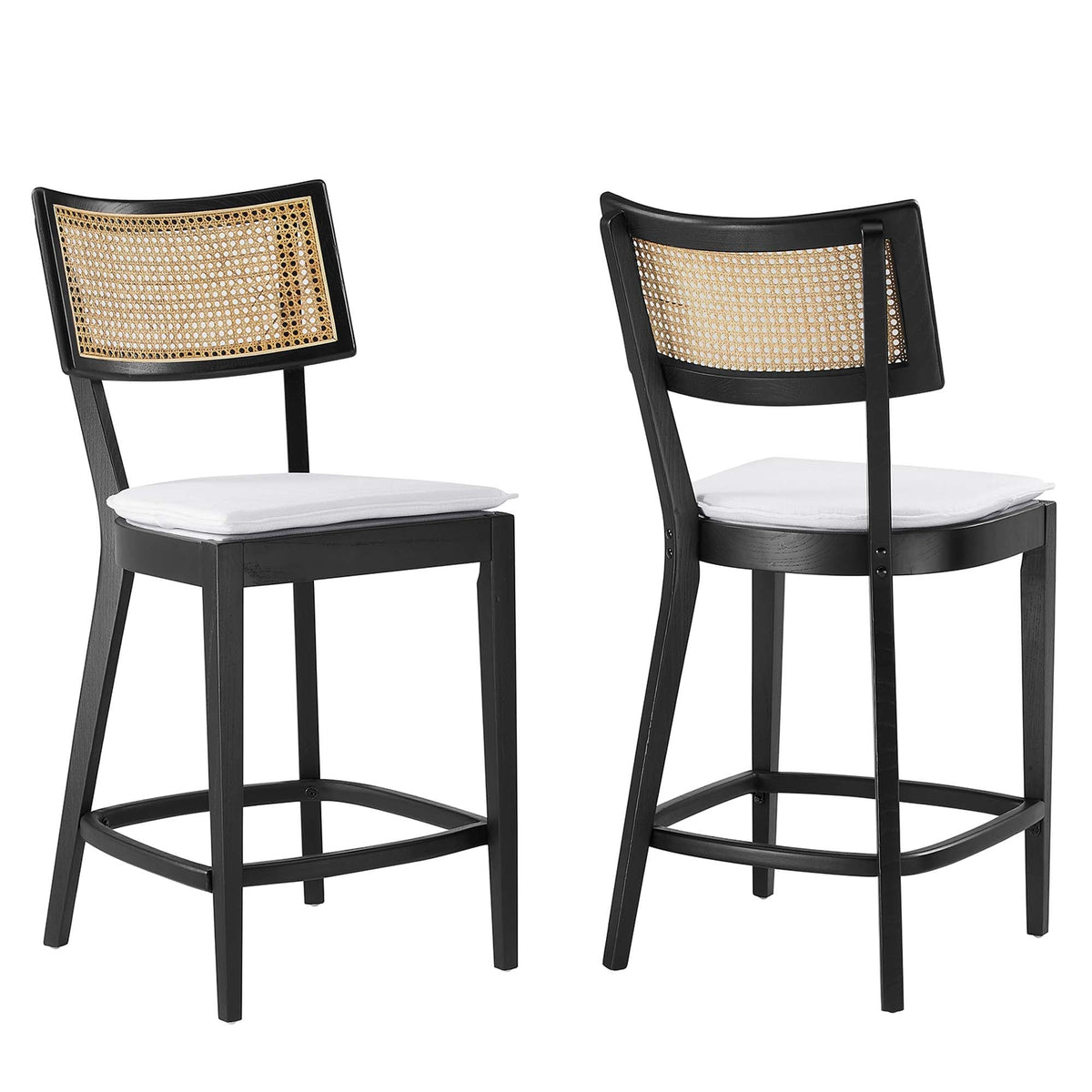 Caledonia Wood Counter Stools Set of 2 black wood frames, cane backrests, white cushions by Modway on Tampa Home & Garden Store