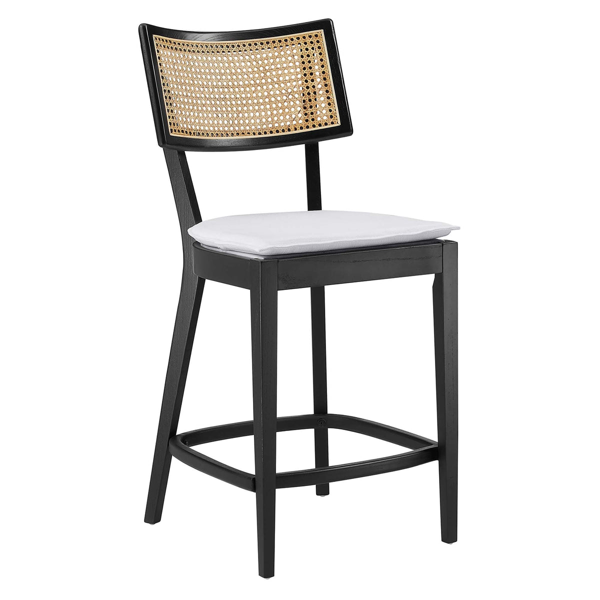 Caledonia Wood Counter Stool Set of 2, black caned back with white cushion on Tampa Home & Garden Store