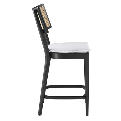 Caledonia wood counter stools set of 2, black frame with caned back and white cushioned seats on Tampa Home & Garden Store