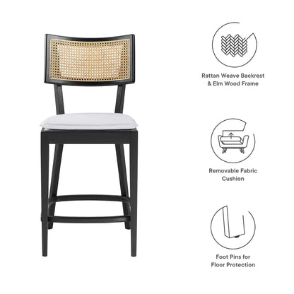 Caledonia Wood Counter Stool Set of 2 with elm wood frame, rattan backrest, removable cushion on Tampa Home & Garden Store