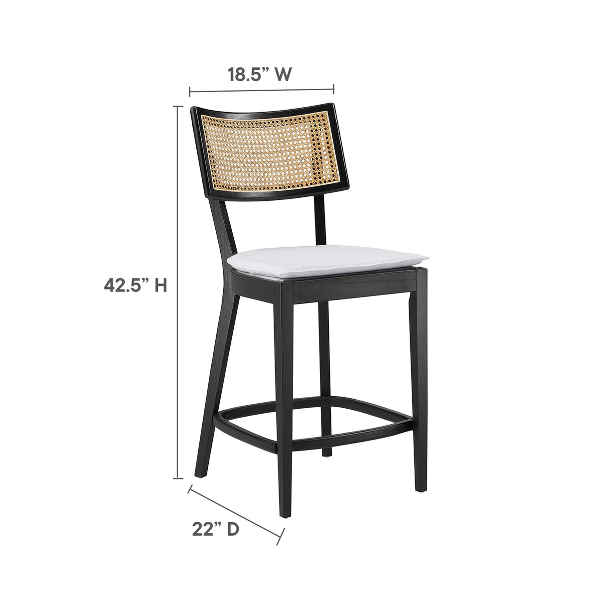 Caledonia Wood Counter Stool Set 2 by Modway; black frame, caned back, white cushion seat on Tampa Home & Garden Store